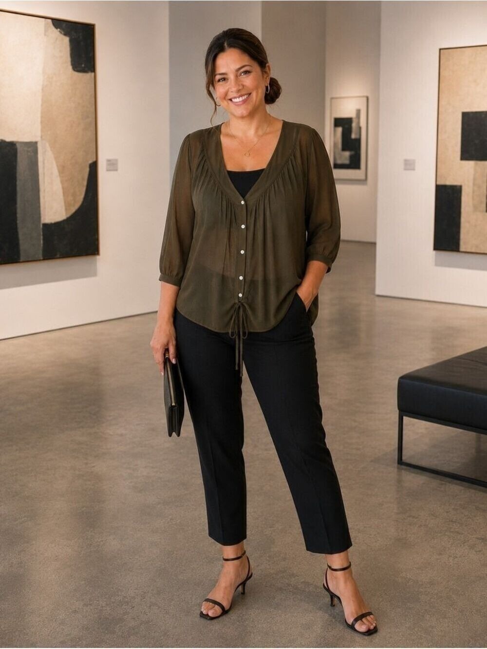 J.Crew Sheer Silk Blend Tie Front Blouse | Olive Quiet Luxury Office Chic Top 4 - Picture 2 of 9